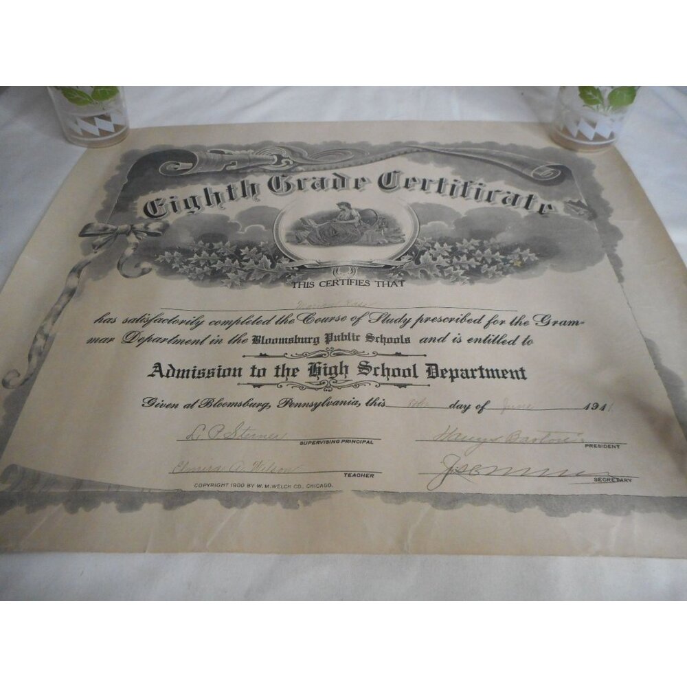 Antique 8th Eighth Grade Certificate Graduation Kase Unframed 1911 Bloomsburg PA